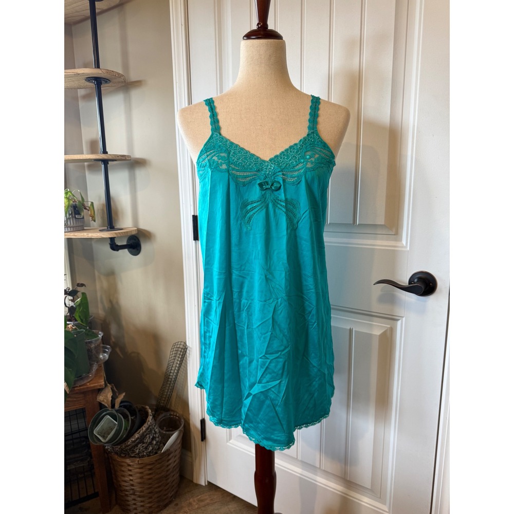 Shadowline Turquoise Blue Lace‎ Trim Slip Dress Nightgown Lingerie Small